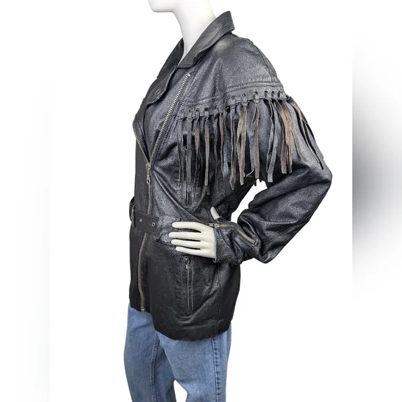 Vintage Black Leather Fringe Belted Biker Jacket By Cosa Nova | Women’s Large - Picture 5 of 9